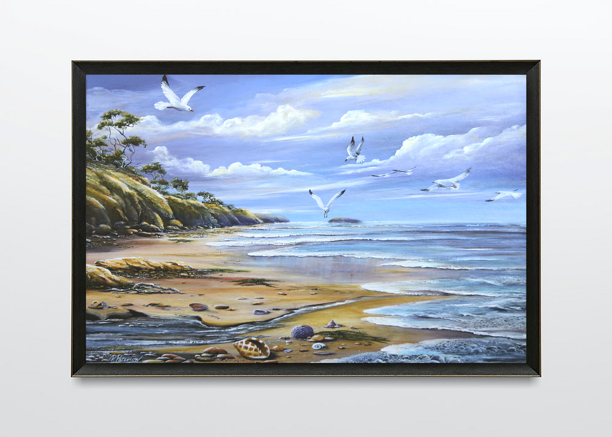 Original Coastal Art Print - Seagulls and Shells – Peek A Blue